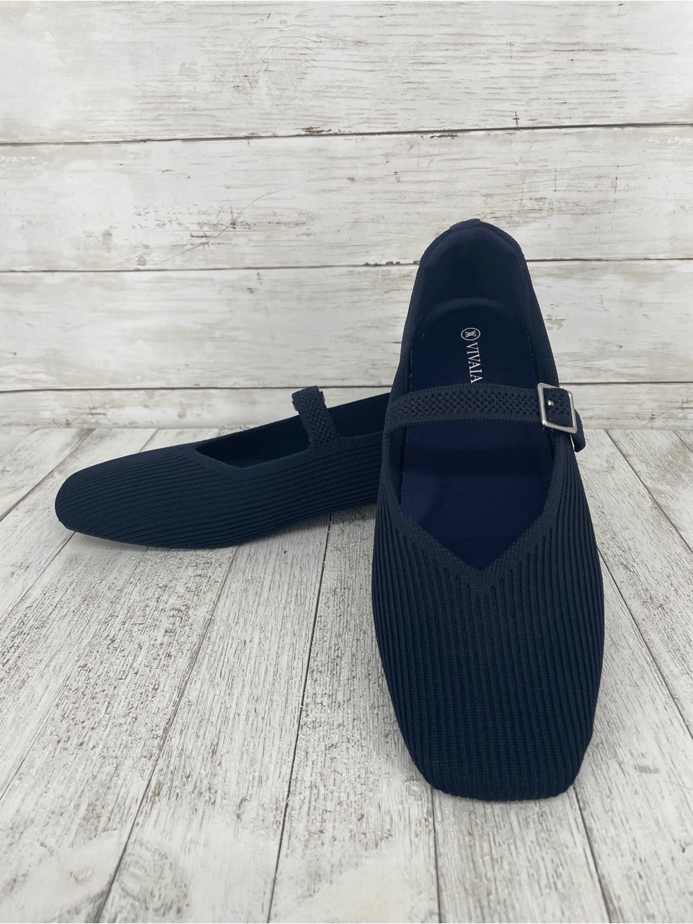 Vivaia Navy Blue Knit Mary Jane Ballet Flats Size 43 Minimalist Classic Comfort